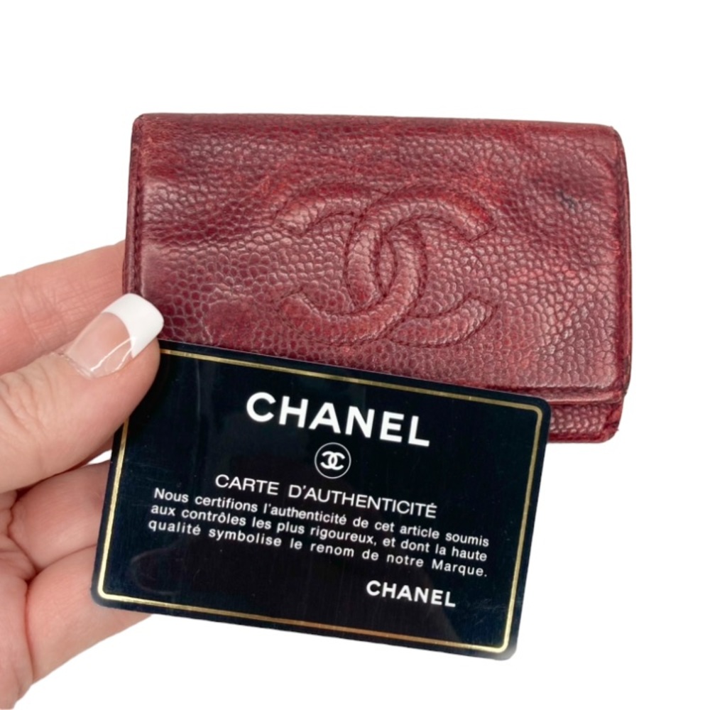 Authentic CHANEL Caviar Burgundy Red Maroon Leather Embossed Key Holder